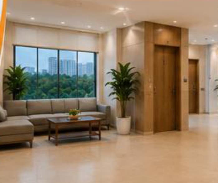 Vivarch Hospital waiting lounge with city view